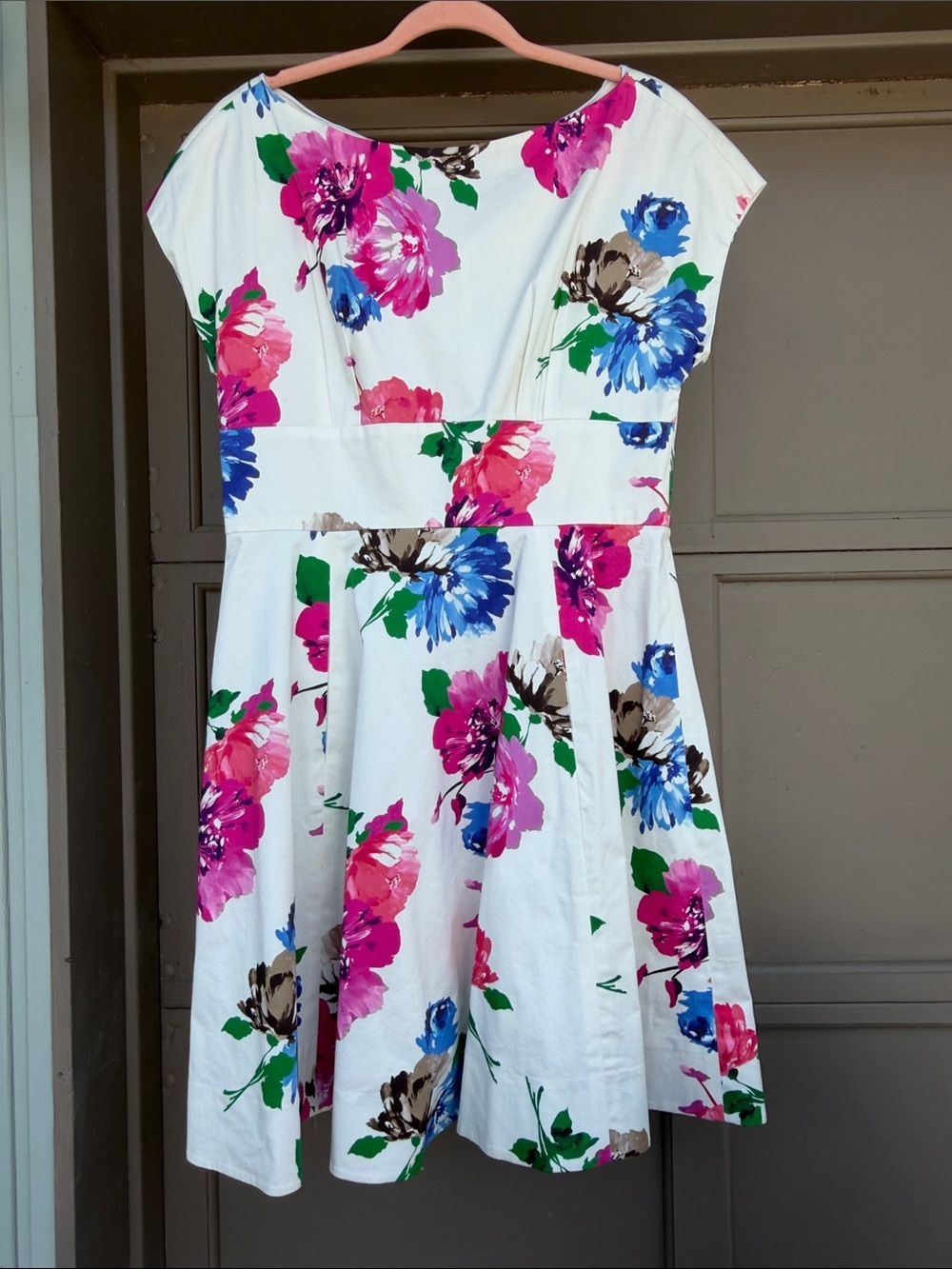 kate spade boatneck White Floral Fit-and-Flare Dress with Pink & Blue Blooms